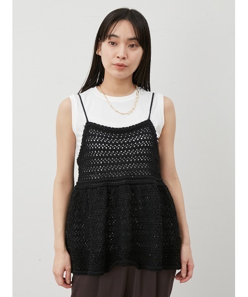 セール】【ウォッシャブル】クロシェニットキャミ×ノースリトップス