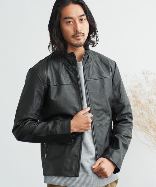 セール】リプロダクトレザー 本革 立ち襟 シングルライダース