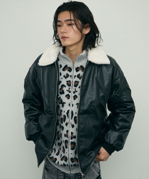 セール】fur collar synthetic leather jacket / 襟ファー合成皮革