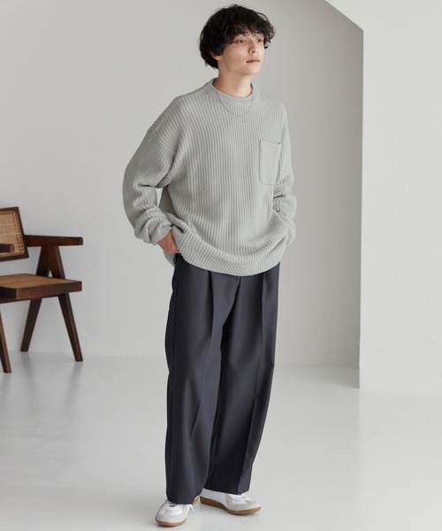 片畦編み ポケット ルーズクルーネックニット MONO-MART│MONO-MART