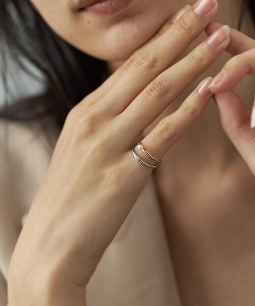 フォークピンキー] リング ジルコニア×パール コンビカラー（リング