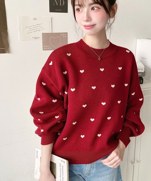 セール】クルーネックハート柄ジャガードニットプルオーバー（ニット