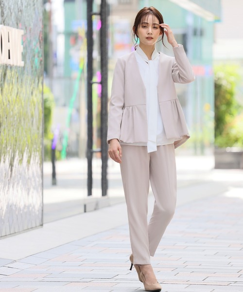 セール】ペプラムノーカラージャケット テーパードパンツ セットアップ