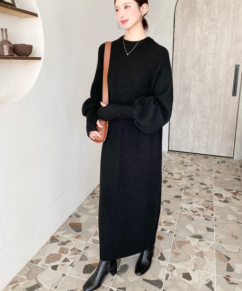 セール】指ぬきボリュームスリーブミックスニットロングワンピース