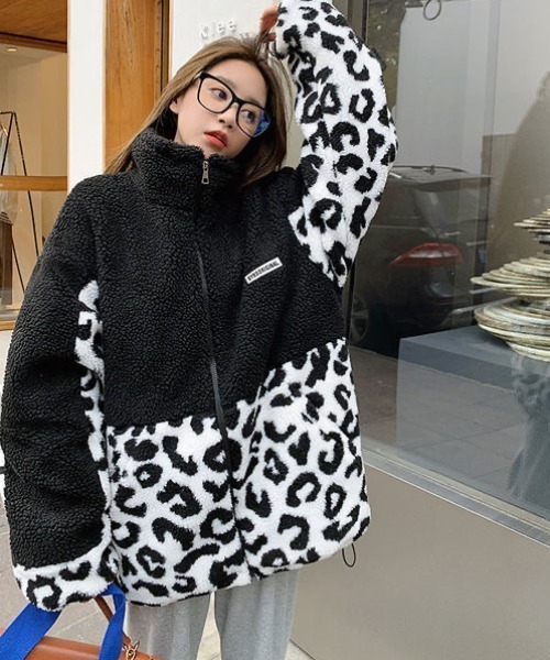 セール】ボア×レオパード切替スタンドカラージャケット（ブルゾン