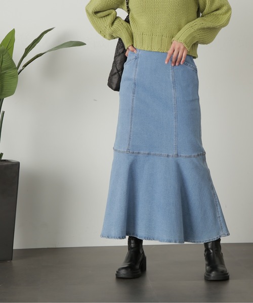 ◇【3サイズ展開XS-M】パネル切替マーメイドデニムスカート【低身長