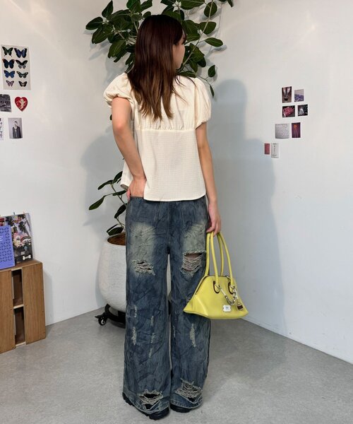 neutral】ギンガムチェックパフスリーブリボンブラウス（シャツ