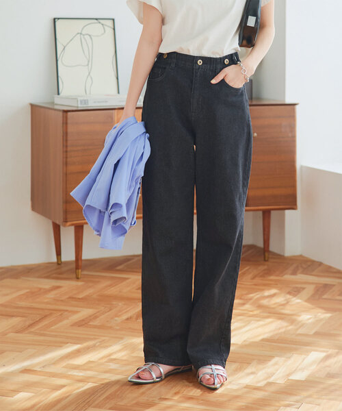 内緒のウエストゴム 超楽ストレッチストレートワイドデニム（デニム