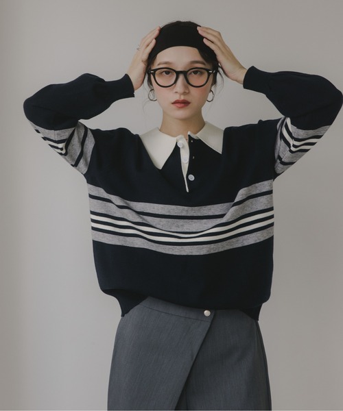 セール】マルチボーダー ポロ襟 ニット（ニット/セーター）｜210nouve
