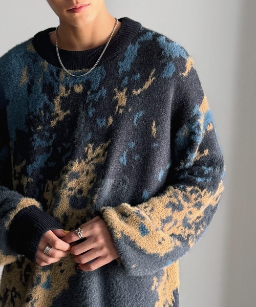 セール】【classical origin】ニュアンス柄Wジャガードシャギーニット