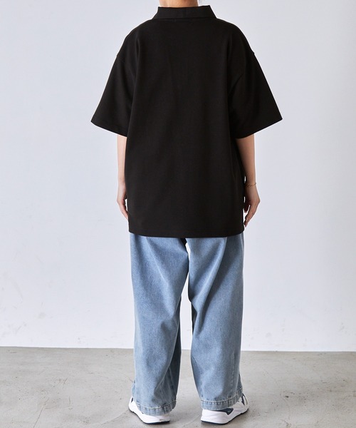 鹿の子ハーフジップエンブレムワンポイント刺繍ポロシャツ MONO-MART