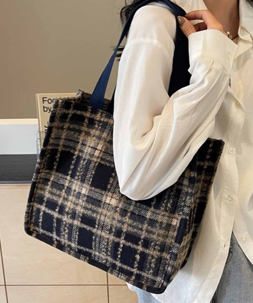 FReePLACe/A4サイズ可能 マチあり チェック柄トートバッグ X12626