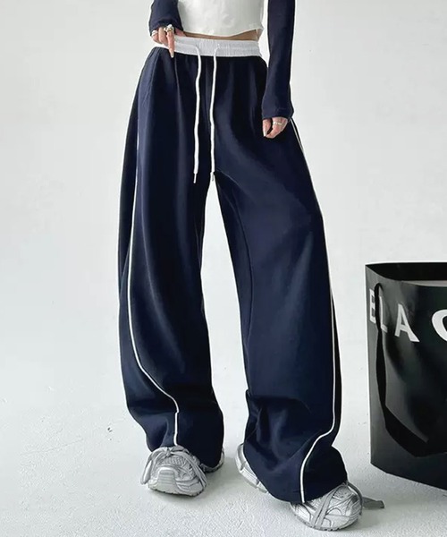 セール】ウエスト切り替え ドローコード付きサイドラインスウェット