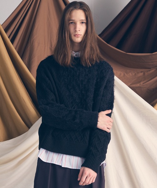 UNISEX》Cable Shaggy Mix Prime-Over Crew Neck Knit Pullover