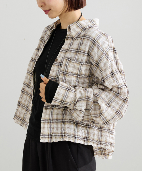 新色/追加》シャーリングチェックショートシャツ（シャツ/ブラウス