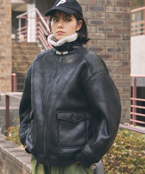 セール】ボア襟付きフェイクムートン ミリタリーブルゾン/フライト