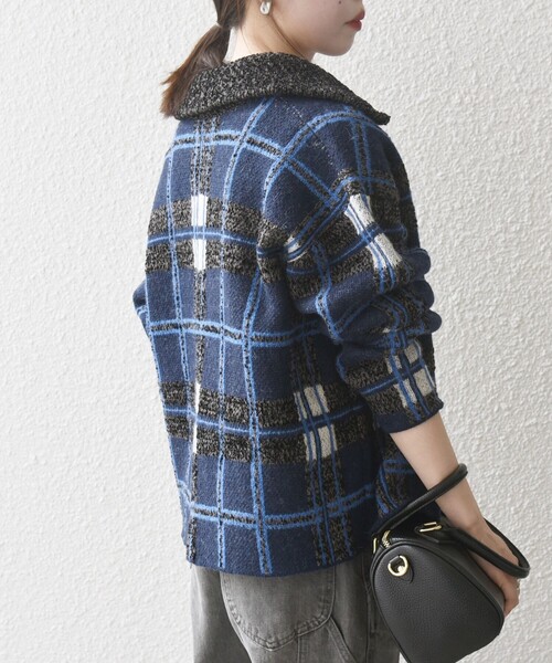 セール】SHIPS any:〈手洗い可能〉チェック ジャカード 襟付き ニット