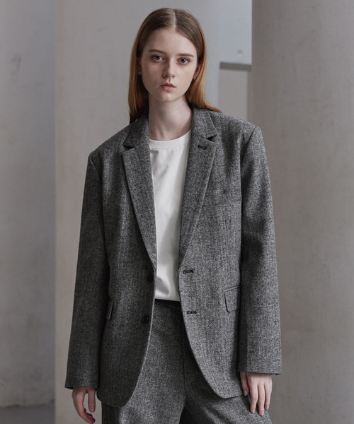 CLEL】Wool Blend Herringbone Tweed Tailored Jacket / ウール