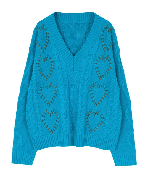 セール】配色ステッチハートケーブルVネックニット（ニット/セーター