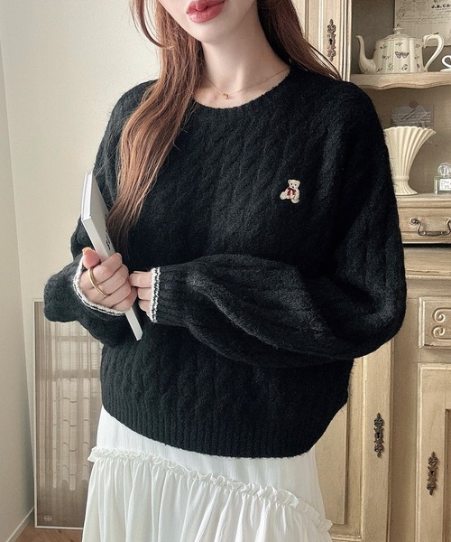 セール】【着丈が選べる】くま刺繍ケーブルニット（ニット/セーター