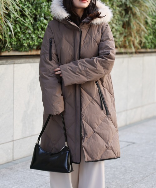 セール】【premium】 フードファー配色キルティングダウンコート