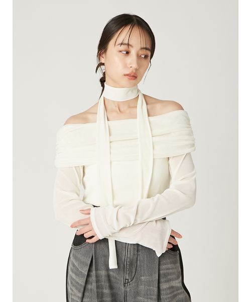 セール】オフショルフロッキーチュールトップス（Tシャツ/カットソー