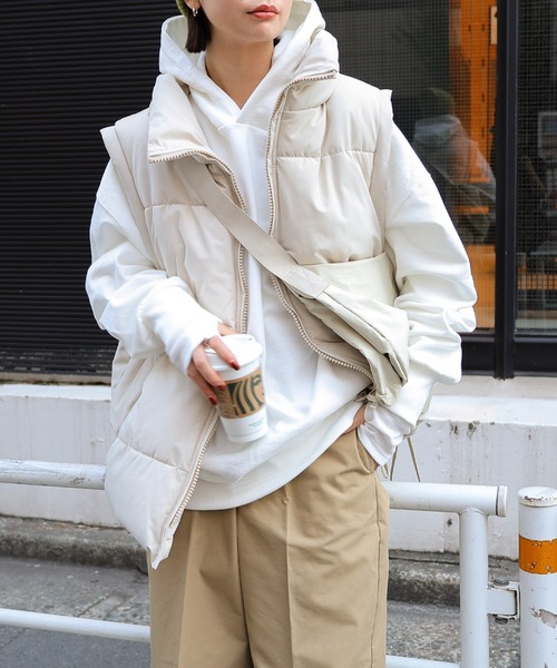 セール】スタンドカラーフェイクダウン中綿ベスト（ダウンベスト