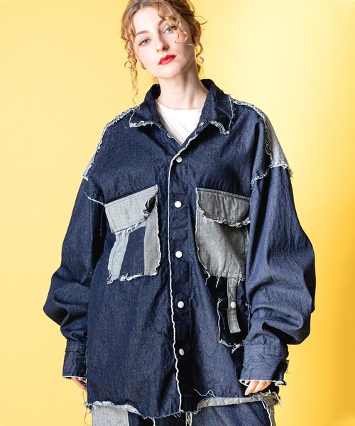 a.p.o.v. パッチワークダメージデニムシャツジャケット（デニム