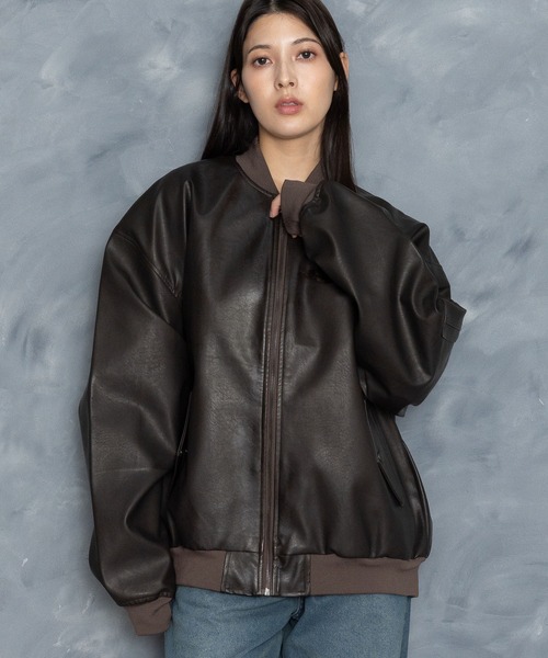 セール】Vintage-like synthetic leather MA-1 blouson/ヴィンテージ