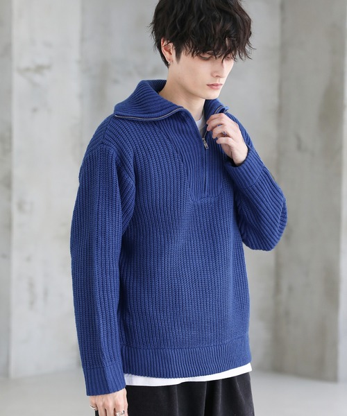 ビッグシルエット畦編みハーフジップニット（ニット/セーター