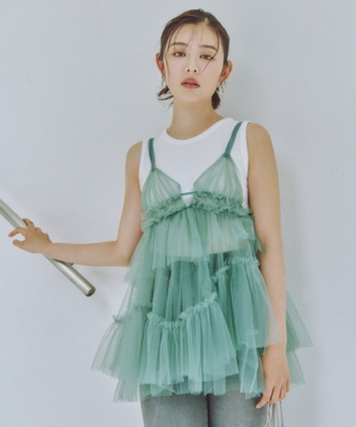 SNIDEL（スナイデル）の「チュールキャミレイヤードトップス（Tシャツ