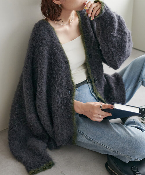 セール】【WEB限定】MIXブークレシャギー配色Vネックカーディガン
