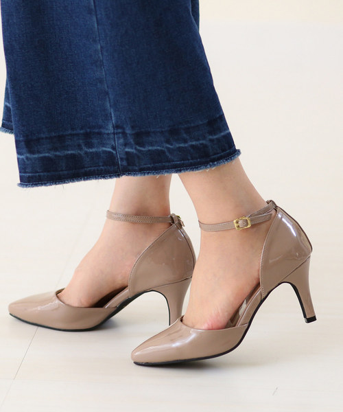ポインテッドトゥ ハイヒール アンクルストラップ エナメル パンプス