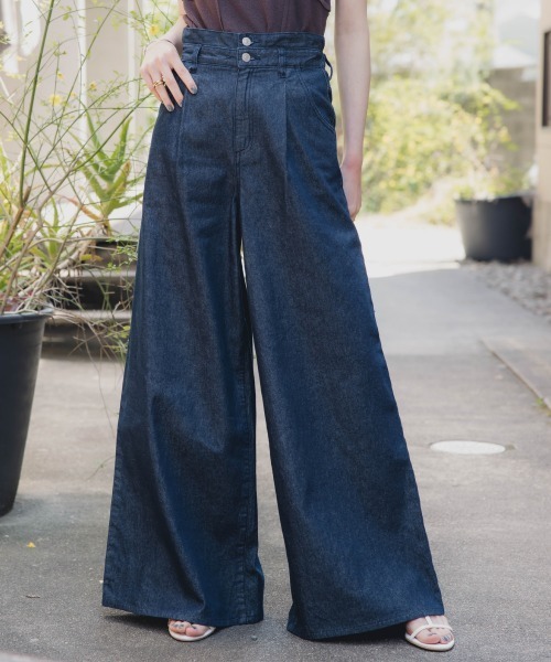 高身長 ハイウエストタックデニムワイドパンツ 丈長め・トールサイズ
