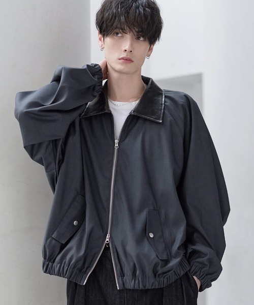 襟合皮切替ジップアップショートブルゾン（ブルゾン）｜ETELIO