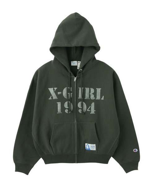 X-girl x Champion REVERSE WEAVE R STENCIL LOGO ZIP UP HOODIE