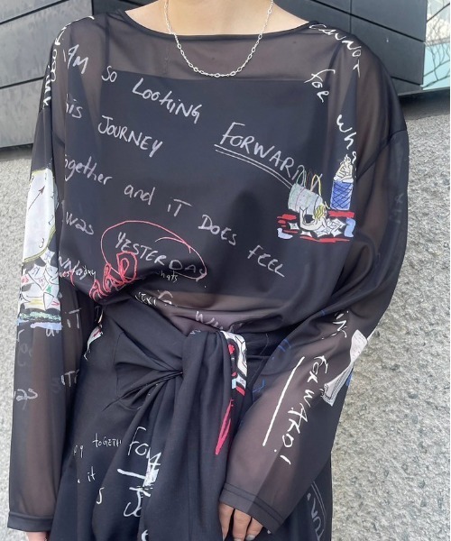 Ameri（アメリ）の「Gabrielle×AMERI 10TH HISTORY SHEER TOP（Tシャツ