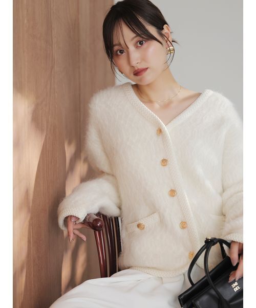 セール】ファーライクミドルニットジャケット（ノーカラージャケット