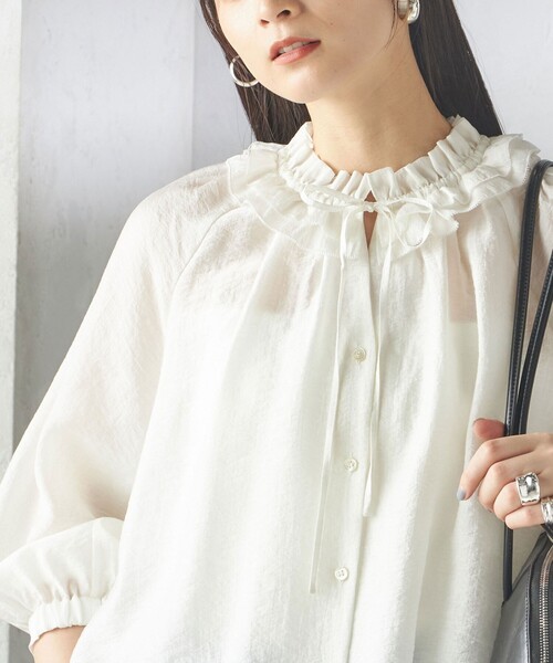 セール】〈手洗い可能〉シルク混 シアー フリル ネック ギャザー
