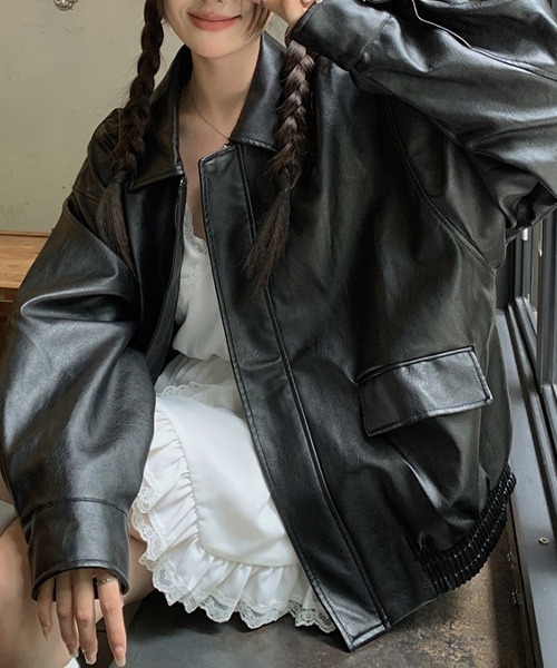 セール】ヴィンテージライク オーバーサイズ PUレザージャケット