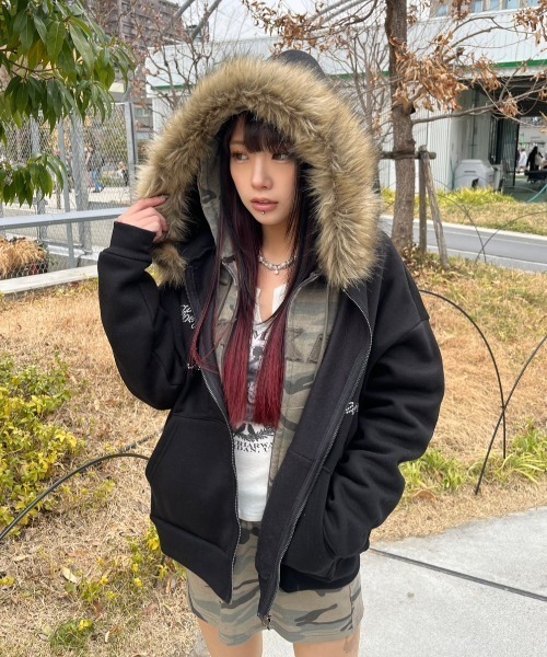 セール】【Never mind the XU】 fur zip up hoodie / 【ネバーマインド