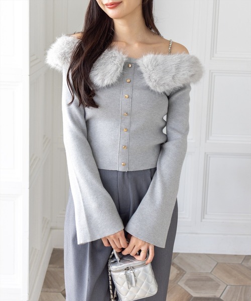 セール】ビジュー肩紐オフショルファーニットトップス[大人 フェミニン