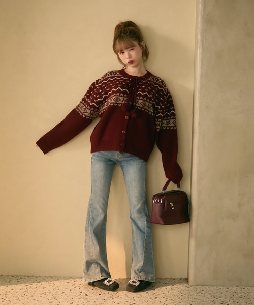 セール】ノルディック柄ボンボン付きニットカーディガン（カーディガン