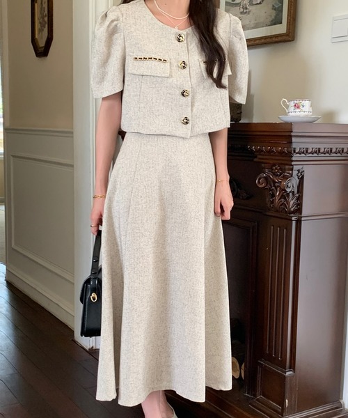 セール】レディース 半袖ツイードジャケット+スカートセットアップ