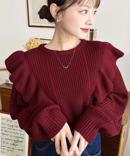 セール】【累計販売枚数2万枚突破！】ショルダーフリルニットプル