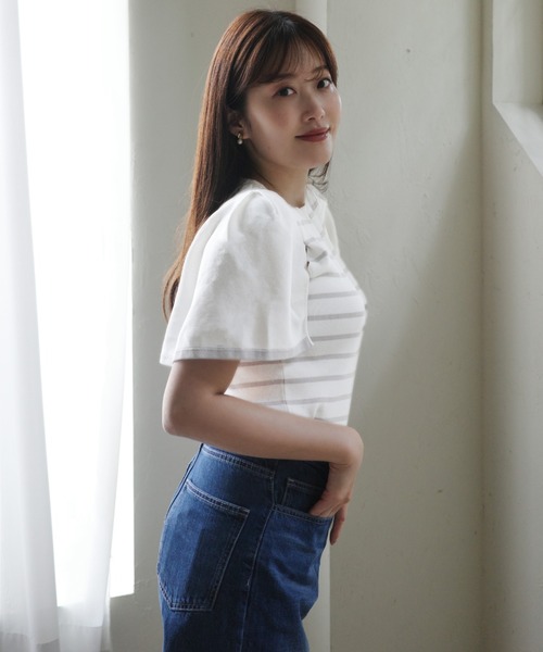 セール】Cape Sleeve Stripe Knit Top（ニット/セーター）｜Her lip to