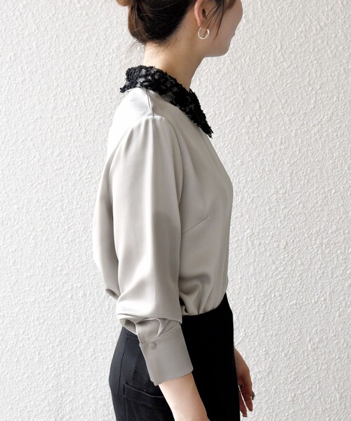 SHIPS any:〈洗濯機可能〉サテン レースカラー ブラウス（シャツ