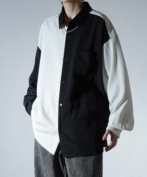 セール】アシンメトリーキリカエ / 襟配色クレリック ドレープとろみ