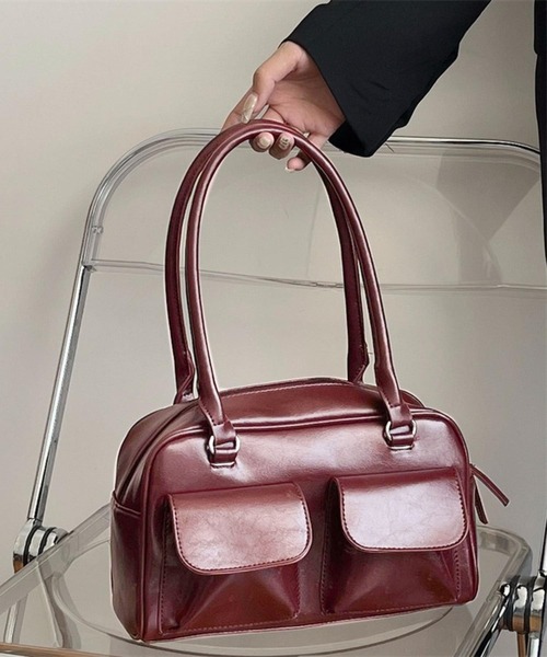 セール】外ポケットボストンバッグ フラップダブルポケットのレザー