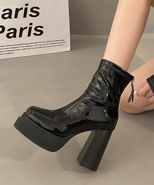 セール】レザー調厚底チャンキーショートブーツ（ブーツ）｜Lace